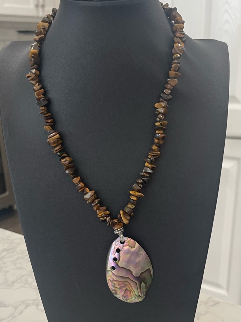 Tiger's Eye Bead Necklace with Iridescent Abalone Pendant - Brown